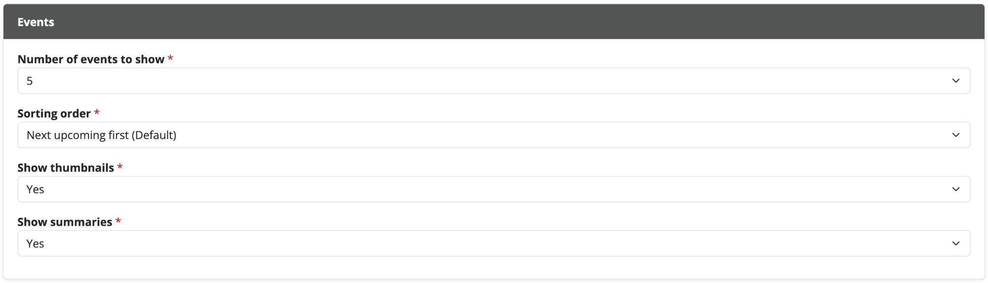 Screenshot of the node editor's "events" module